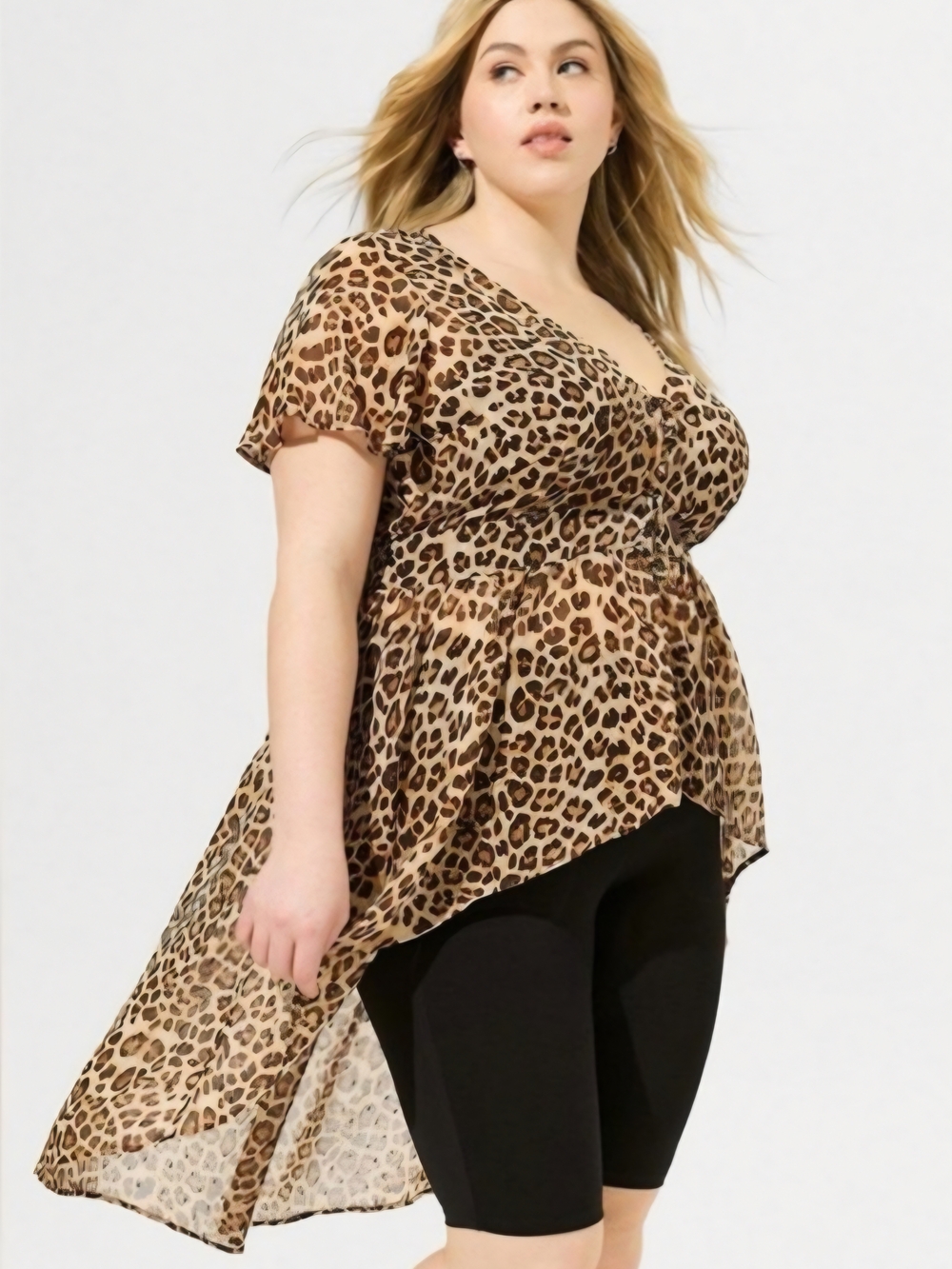 Torrid Plus Shimmery Chiffon Leopard Print Hi-Low Tunic Blouse Flutter Sleeves